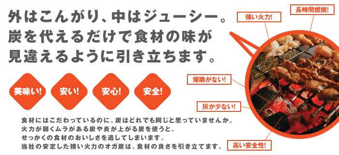 外はこんがり、中はジューシー。炭を代えるだけで食材の味が見違えるように引き立ちます。美味い！・安い！・安心！・安全！長時間燃焼！強い火力！爆跳がない！灰が少ない！高い安全性！食材にはこだわっているのに、炭はどれでも同じと思っていませんか。火力が弱くムラがある炭や炎が上がる炭を使うと、せっかくの食材のおいしさを逃してしまいます。当社の安定した強い火力のオガ炭は、食材の良さを引き立てます。